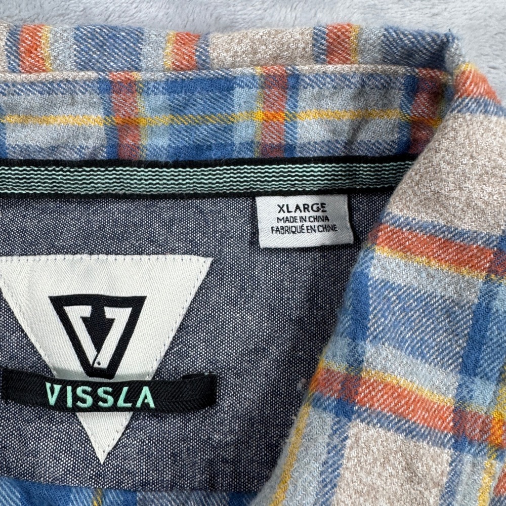 VISSLA Central Coast ECO Flannel Shirt Mens XL Blue Orange Organic Cotton Plaid - Picture 4 of 13
